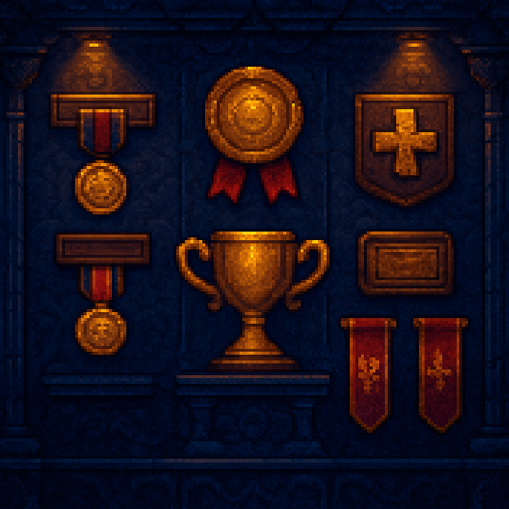 A wall of golden medals, plaques, and achievement banners