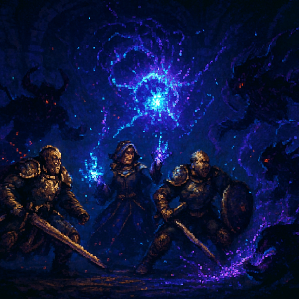 Heroes battling shadowy enemies amid swirling purple and blue magic