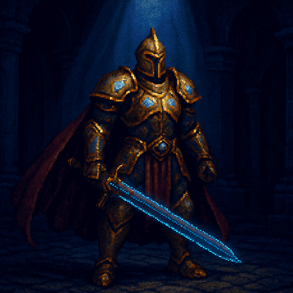A heroic warrior in ornate golden plate armor with glowing runes