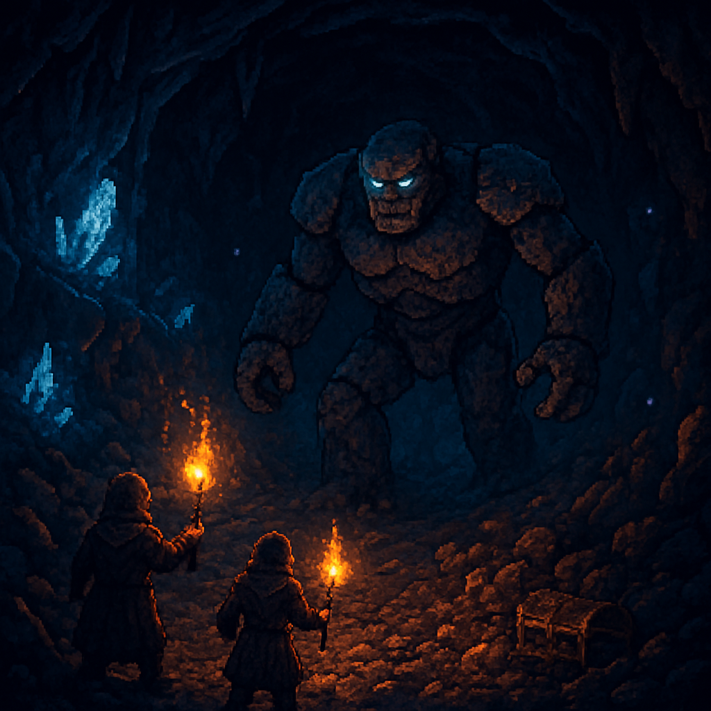A torch-lit dungeon cavern with a lurking monster and blue crystals