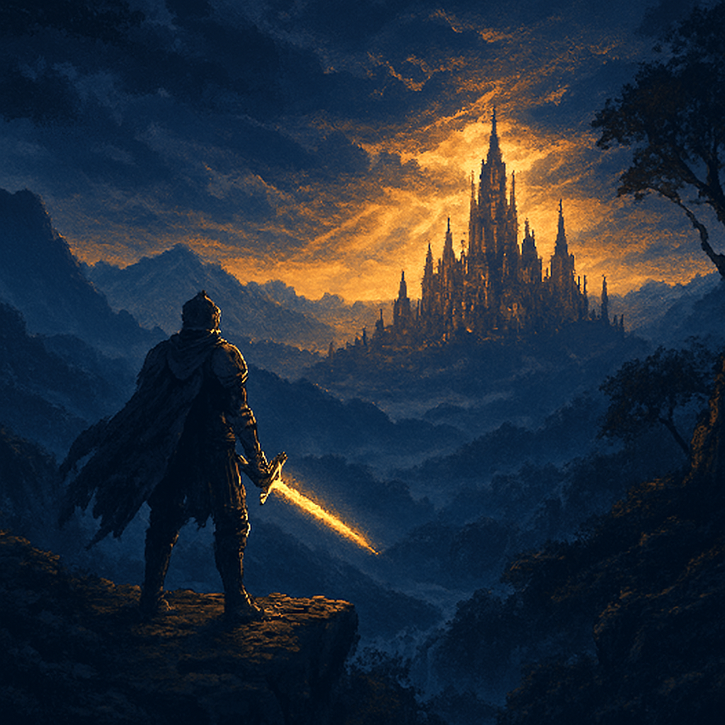 A lone warrior overlooking a vast fantasy valley toward a golden palace city at dawn
