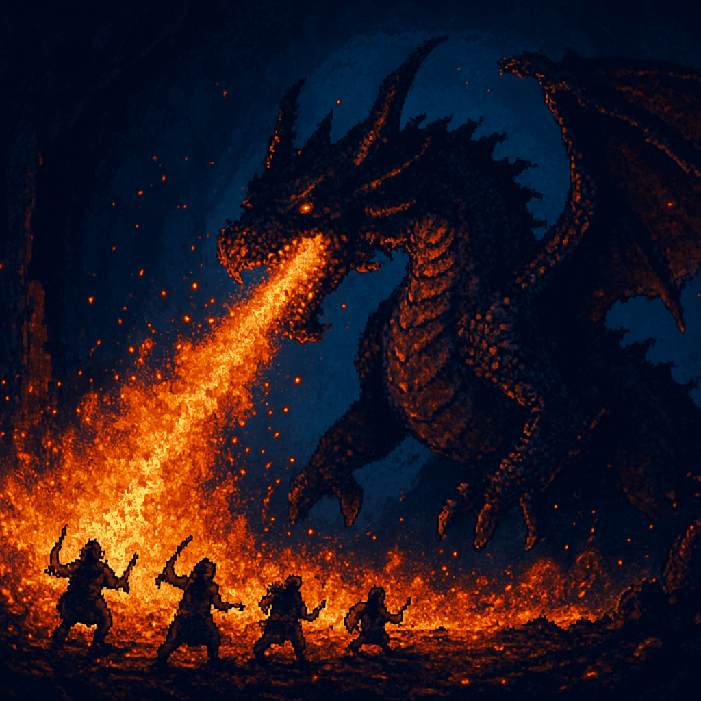 A massive fire-breathing dragon boss towering over attacking heroes